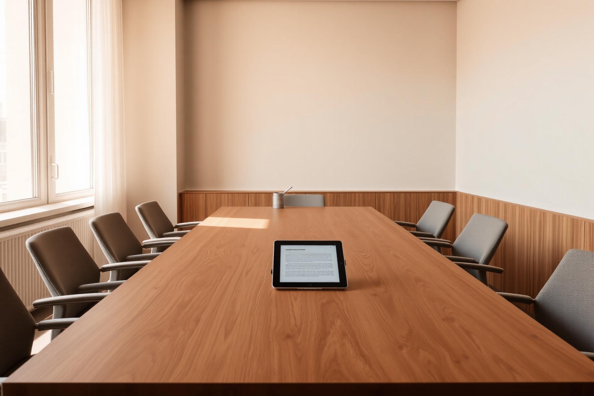 Warm modern boardroom with a signed document on the table