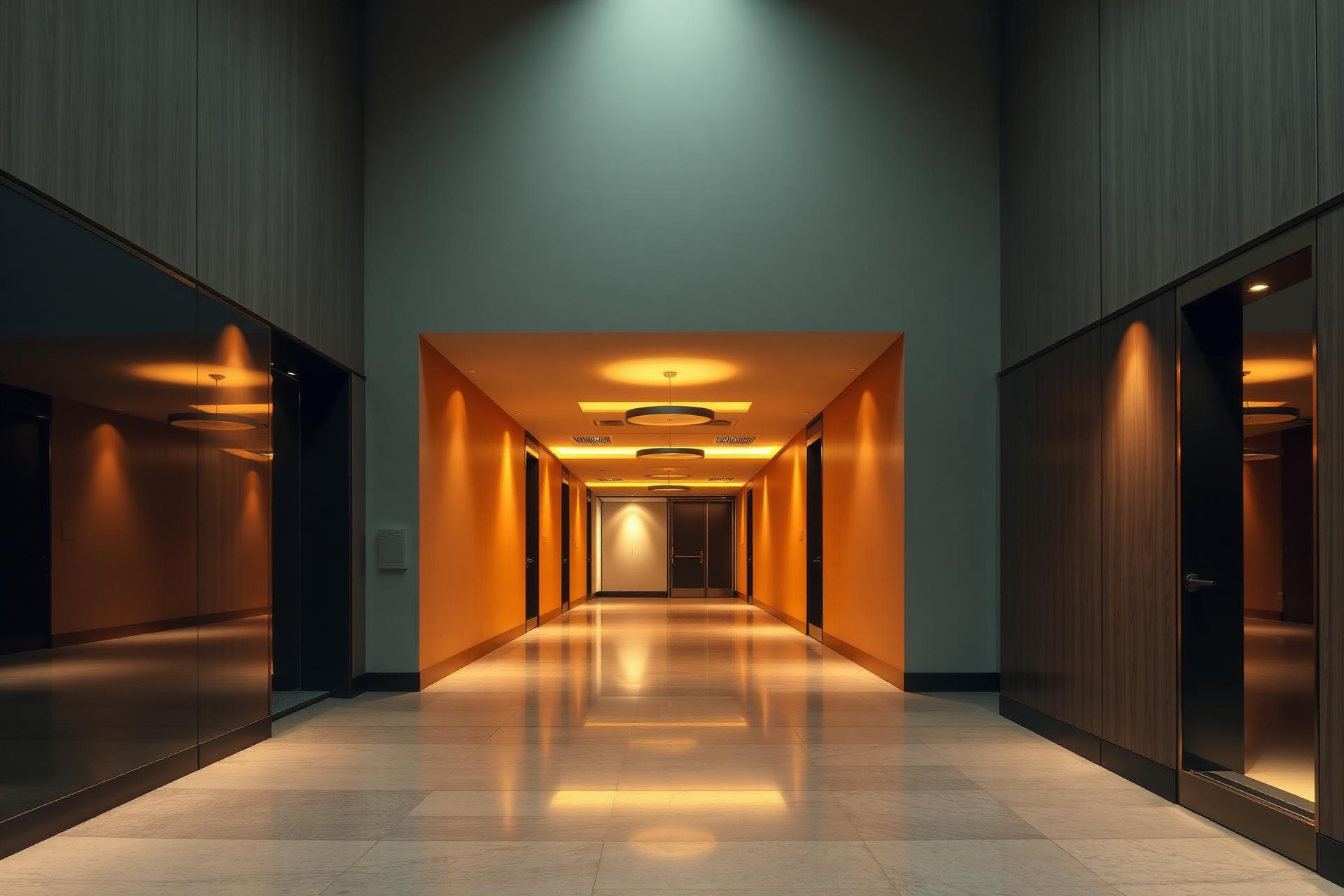 Warm-lit premium office corridor